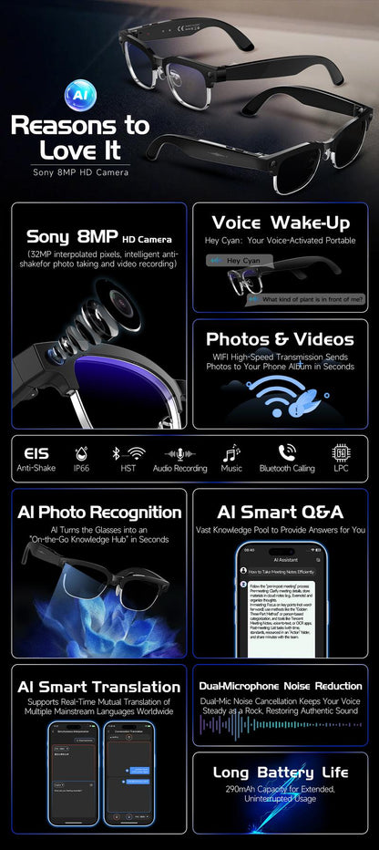 Smart AI Camera Glasses 8MP Photochromic Lenses